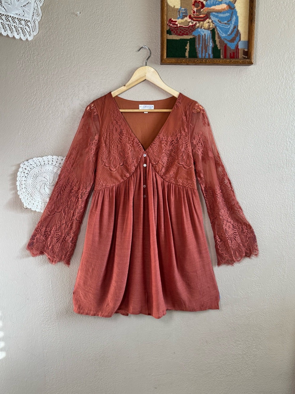 Rust Orange Lace Babydoll Tunic Dress with Bell Sleeves | Size Medium